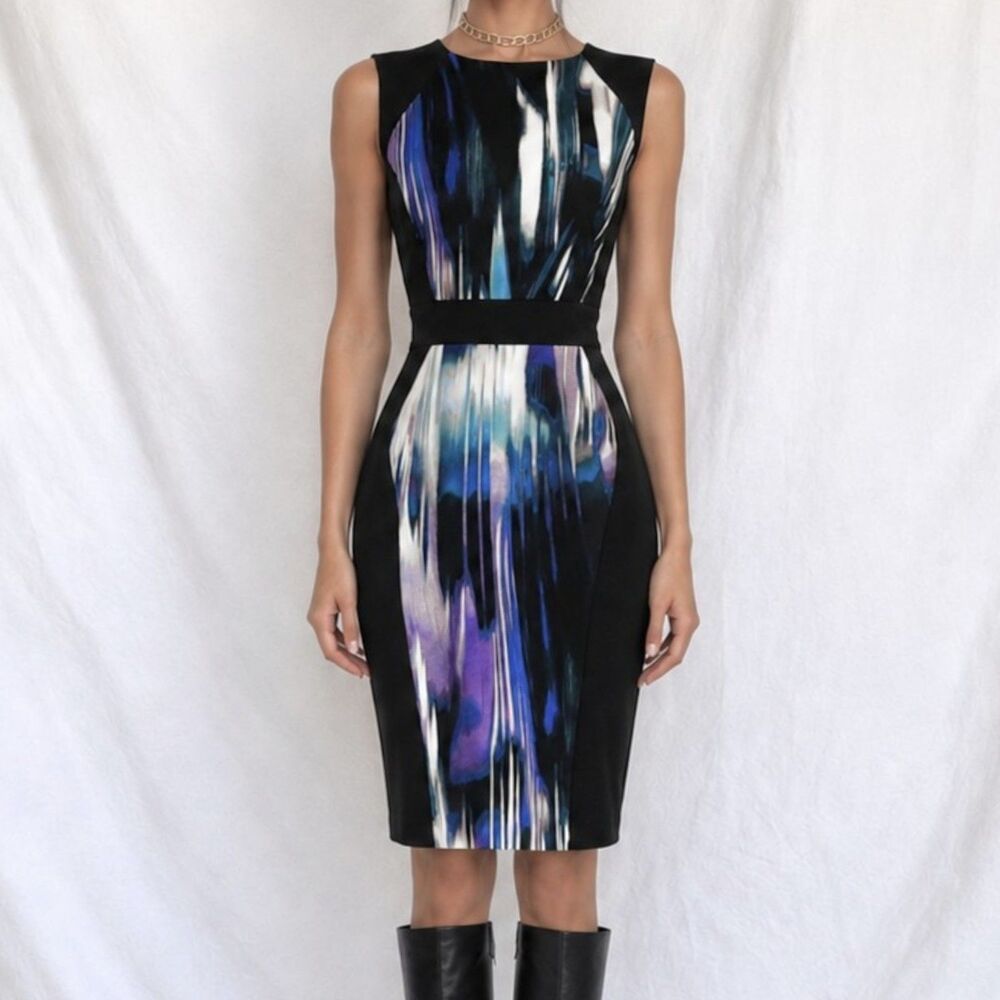 Vintage Y2K 90s Black Blue Abstract Print Bodycon Knit Knee Length Dress Size M